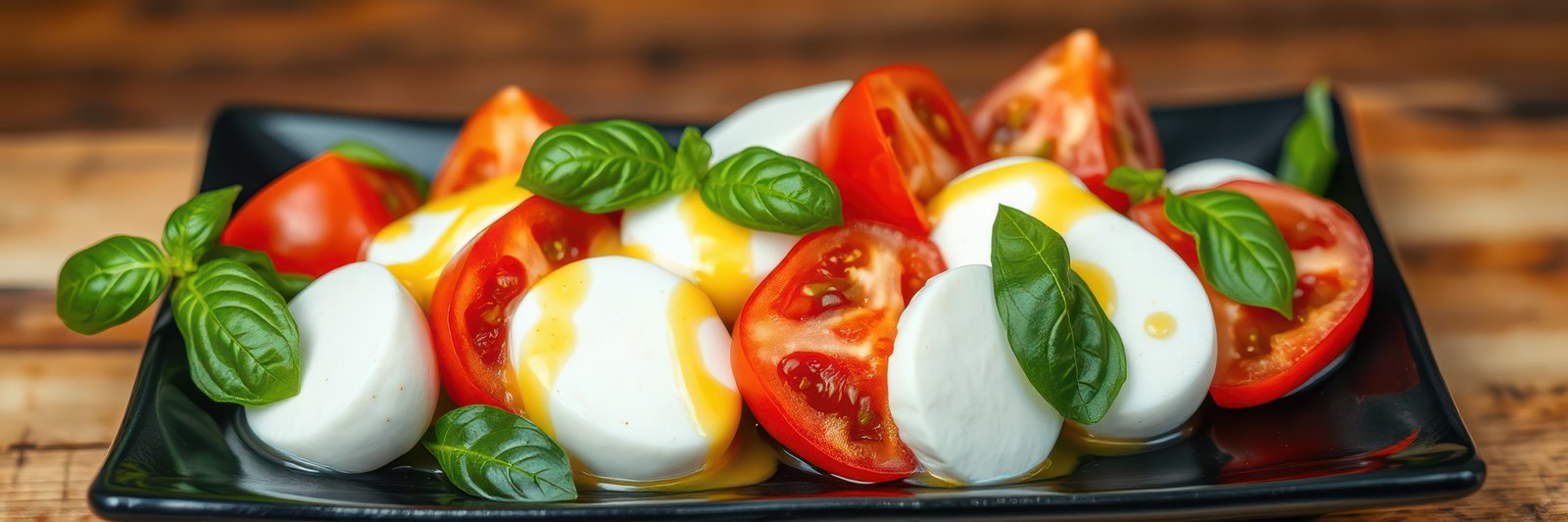 Fresh mozzarella salad with ripe tomatoes and basil served on a black plate